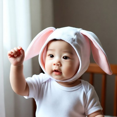 Asian baby wearing bunny ears hood