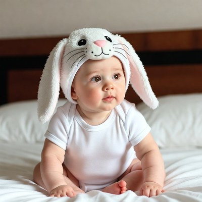 Baby wearing bunny ears on bed