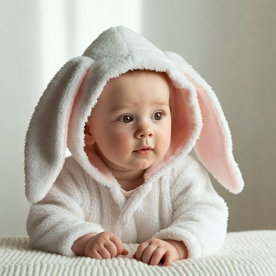 Baby in white bunny costume