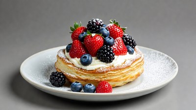 Pancake topped with strawberries and blueberries