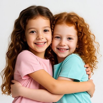 Two girls hugging with curly hair