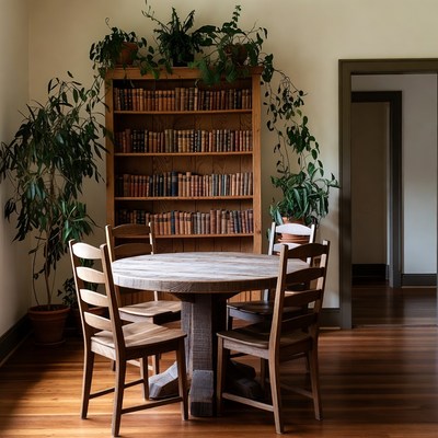 Rustic Wooden Table with Bookshelf
