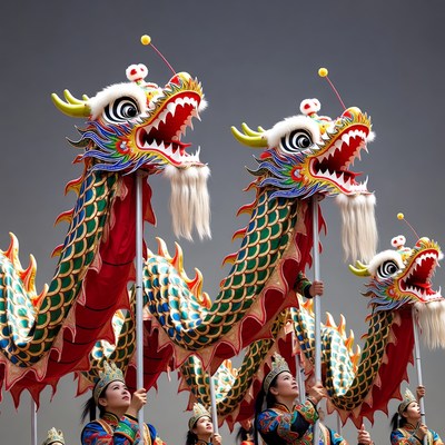 Asian women carrying Chinese dragon heads