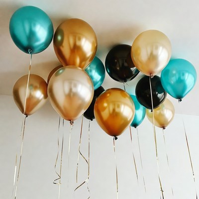 Cluster of Gold Blue Black Balloons