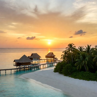 Overwater bungalows at Maldives sunset