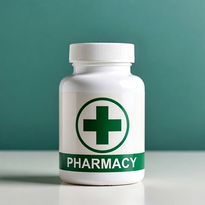 Pharmacy pill bottle with green cross