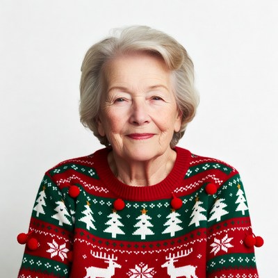 Elderly woman in Christmas reindeer sweater