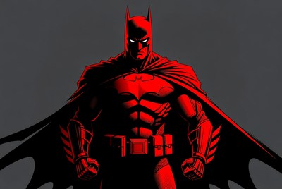 Red Batman standing heroically