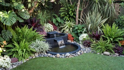 Garden Water Fountain with Tropical Plants