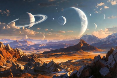 Saturn over Alien Mountain Landscape