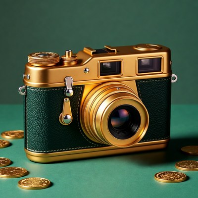 Gold vintage camera with coins