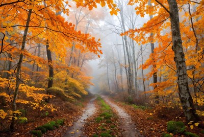Autumn Forest Path in Fog