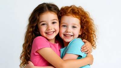 Two girls hugging and smiling