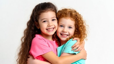 Two girls hugging and smiling