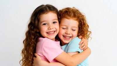 Two girls hugging with big smiles