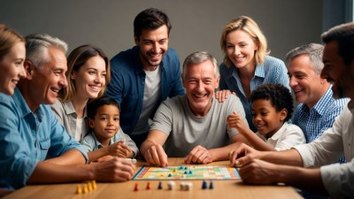 Multigenerational family playing board game