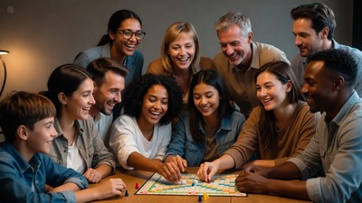 Diverse group playing Scrabble board game