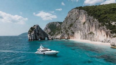 Luxury Yacht Cruising Near Turquoise Waters Cliffs