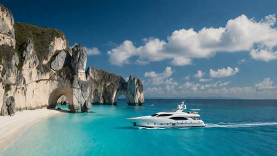 White Yacht Cruising Turquoise Lagoon Cliffs