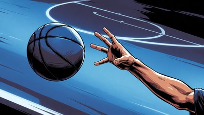 Hand dribbling basketball on court