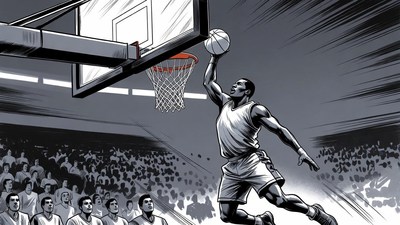African-American man dunking basketball
