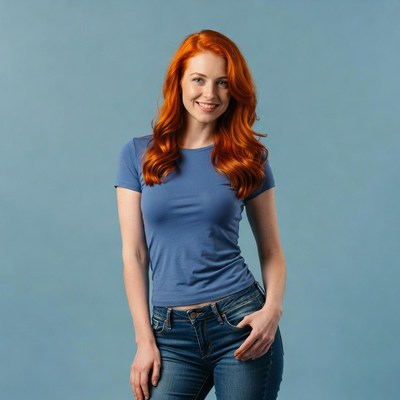 Redhead woman in blue shirt and jeans