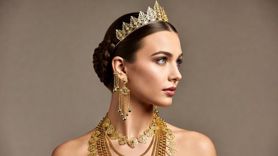 Woman wearing gold crown and jewelry