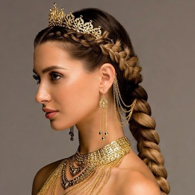 Woman with gold crown and braided hair