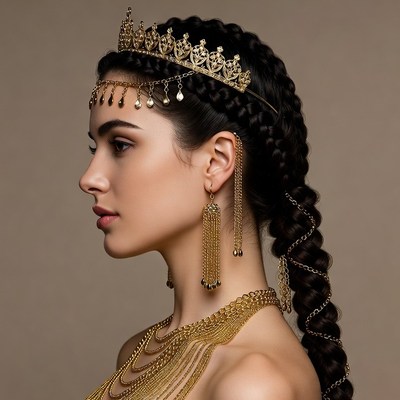 Profile of woman in gold crown and jewelry