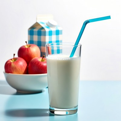 Milk Glass with Straw and Apples