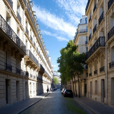 Parisian Cobblestone Street with Trees