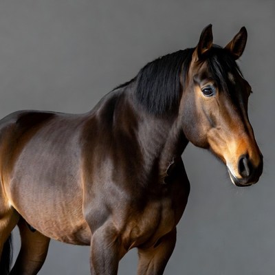 Bay horse standing on gray background