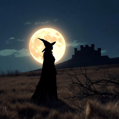 Silhouette witch under full moon