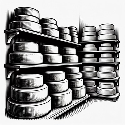 Stacked Cheese Wheels on Shelves