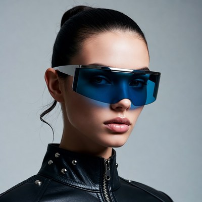 Woman wearing blue futuristic sunglasses