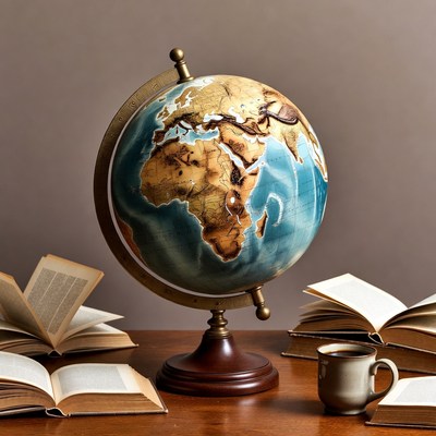 Globe with Open Books and Coffee