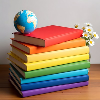 Stack of colorful books with globe