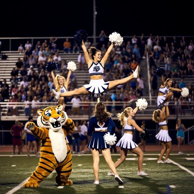 Cheerleaders with tiger mascot on field