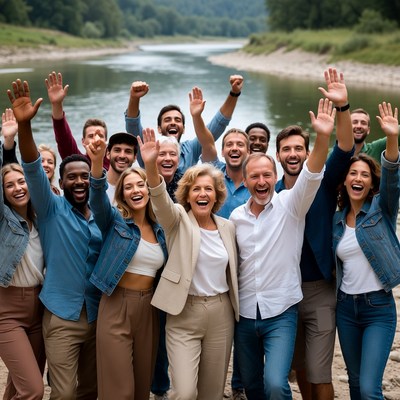 Diverse group celebrating by river