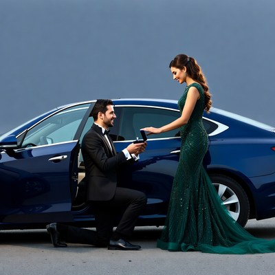 Man proposing to woman by luxury car