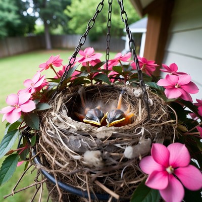Baby birds in flower hanging basket