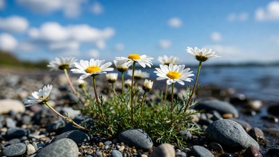 Daisies growing on pebbly beach