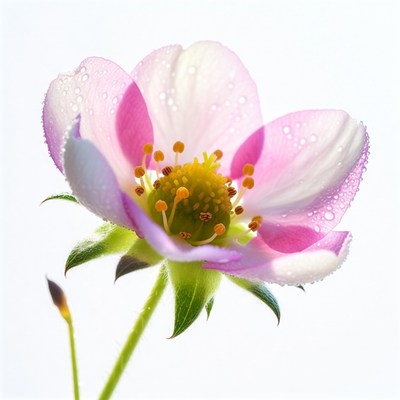 Pink Strawberry Flower with Water Droplets
