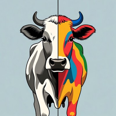 Black and White Cow with Colorful Half