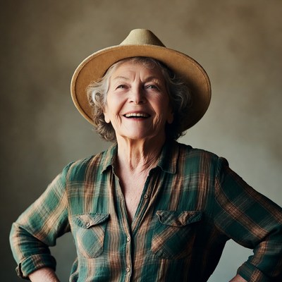 Elderly woman smiling in straw hat