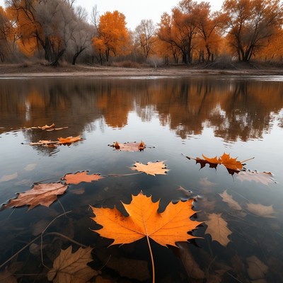 Autumn Leaves Floating on River Reflection
