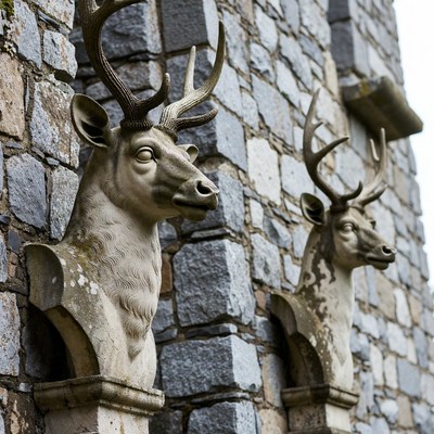 Stone Deer Heads on Stone Wall