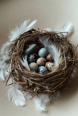 Bird's nest with speckled eggs