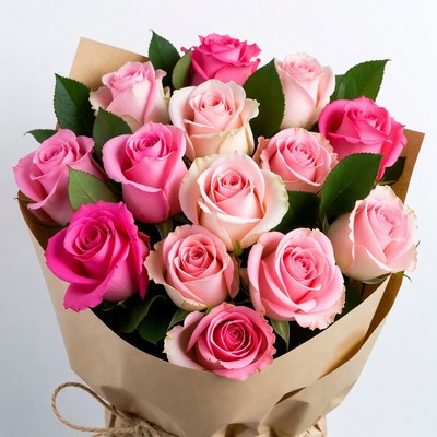 Pink Roses Bouquet in Brown Paper