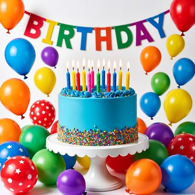 Blue Birthday Cake with Candles and Balloons